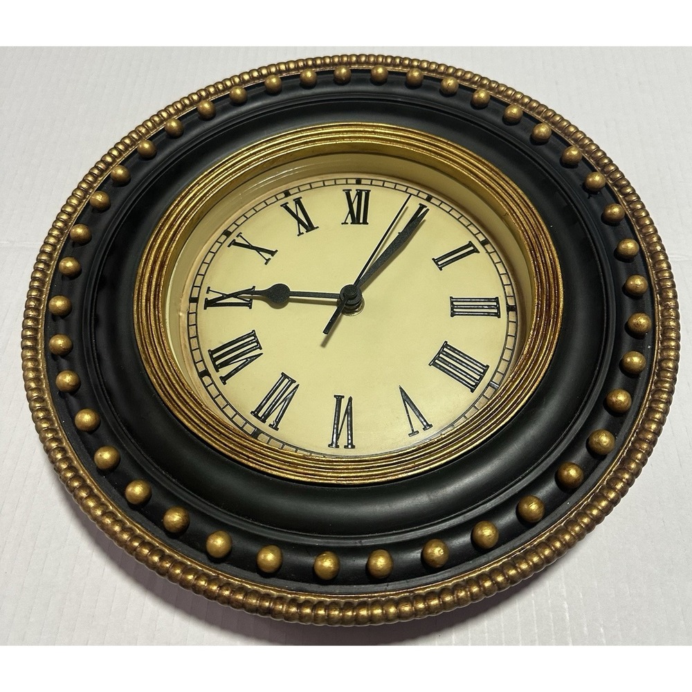 WALL CLOCK ROMAN NUMERALS ANALOG BATTERY OPERATED BLACK & GOLD